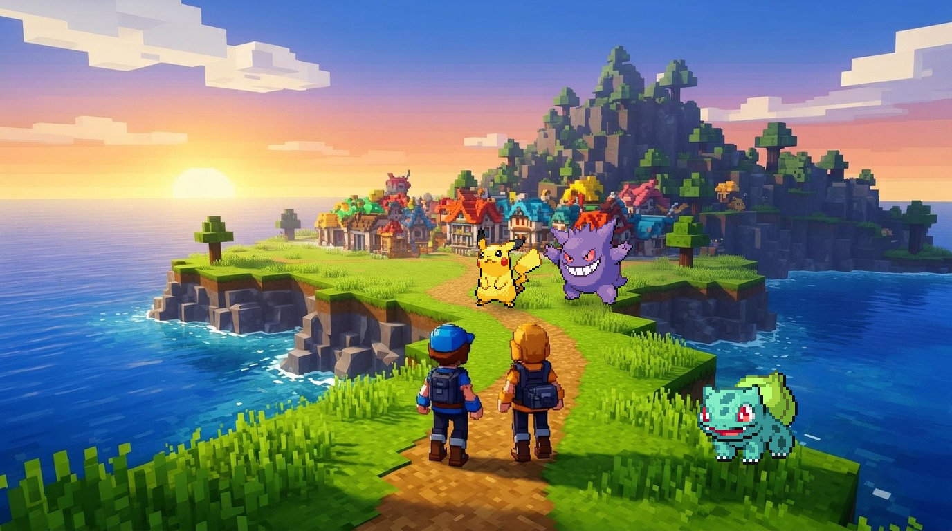 A colorful PokePump island where trainers explore with Pokémon